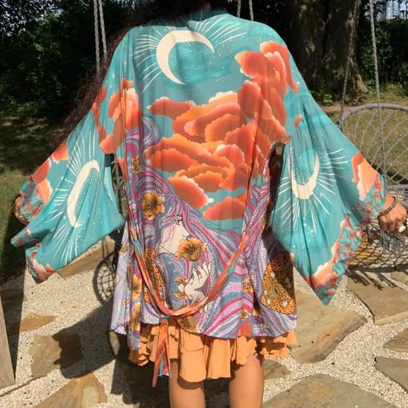 New Boho Open Front Kimono Top Floral Moon Print Beach Cover-Up Festival Jacket - Picture 1 of 13